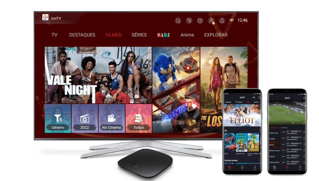 Interface do aplicativo UniTV em Smart TV, TV Box e celular